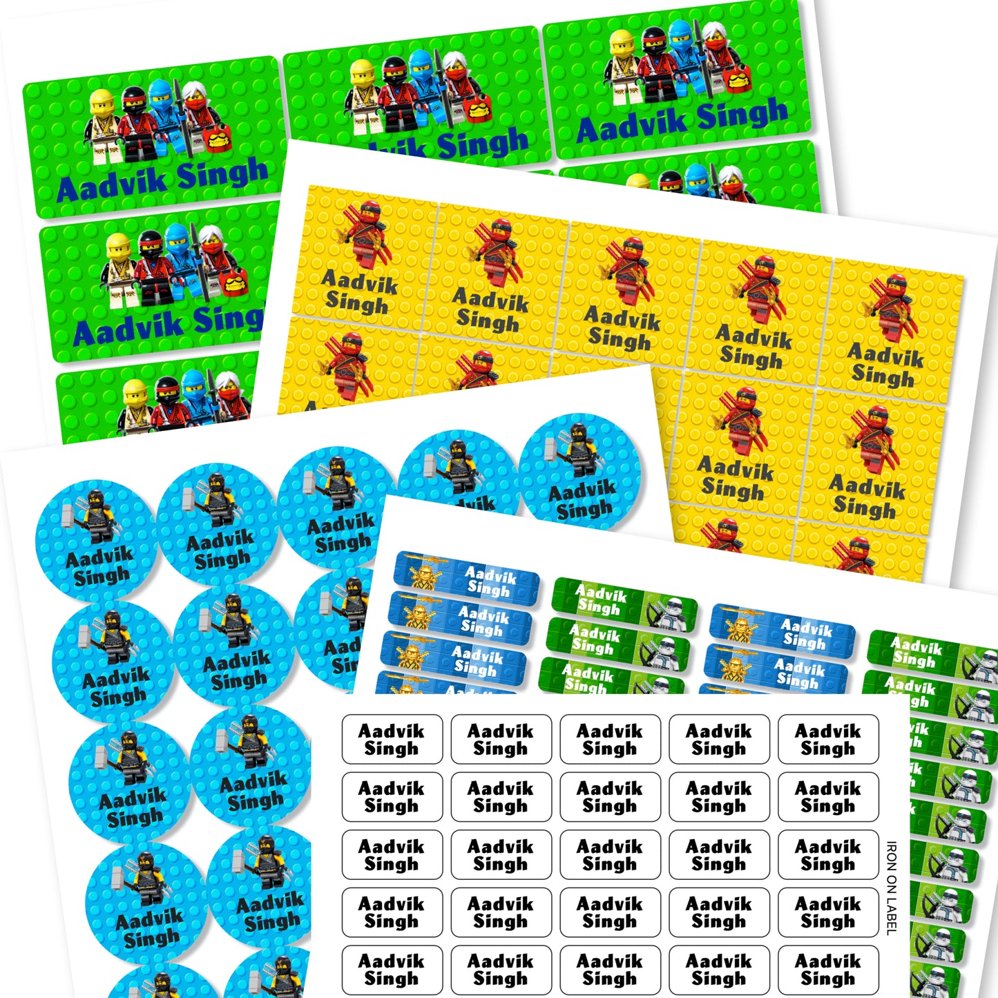 Assorted colorful labels featuring characters from the Ninjago series, with various shapes including round, square, and slim labels, designed for school use.