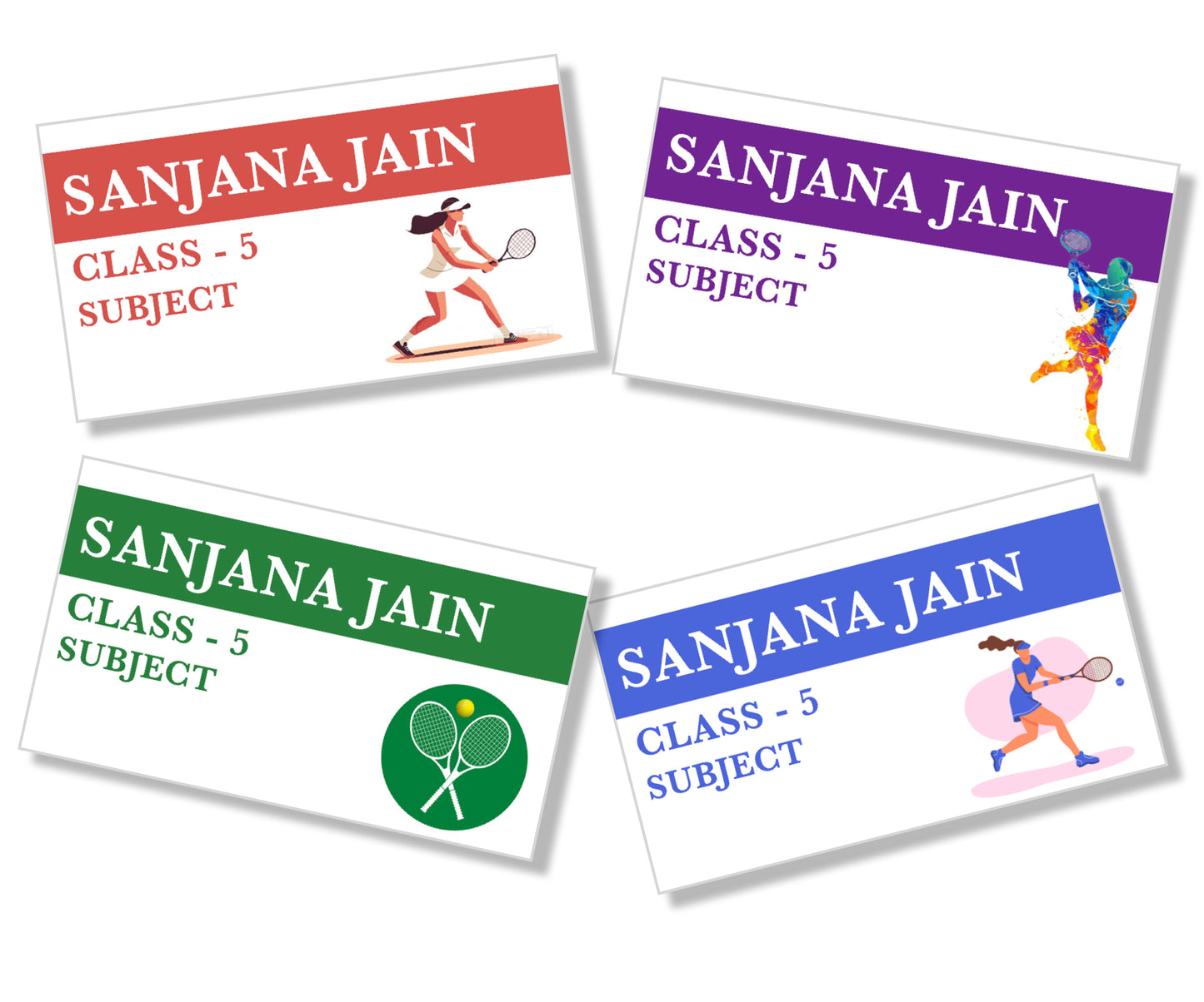 set of 4 book labels with a girl playing tennis theme with name class and sibject