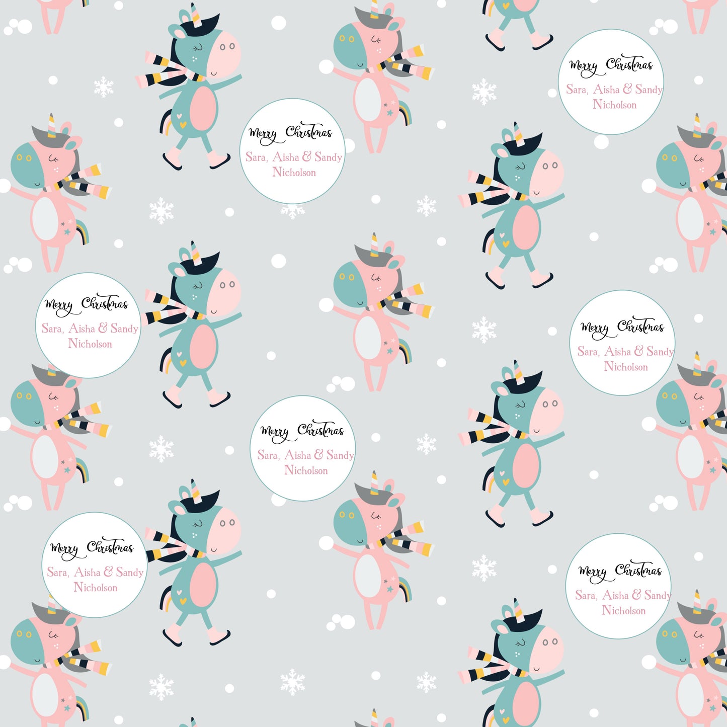 dancing unicorns on a grey backgorund with a few snow flakes