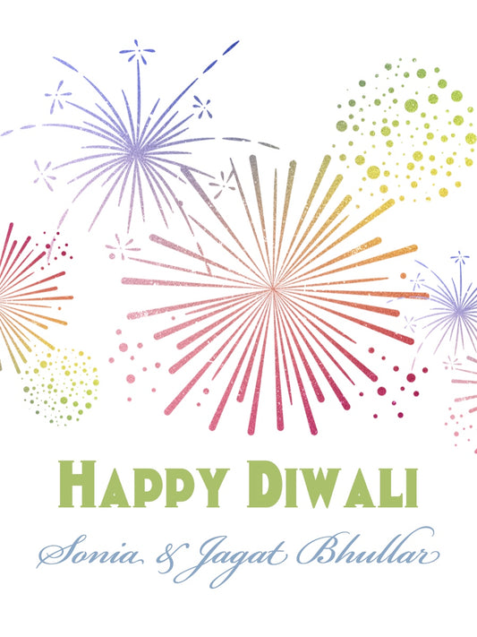 Happy Diwali card with colorful fireworks on a white background