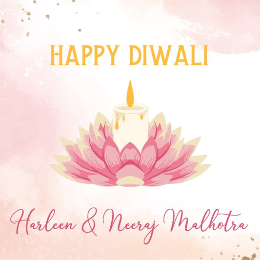 Happy Diwali card with a pink lotus and candle on a soft pink background