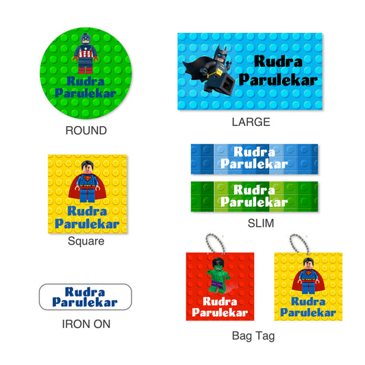 Various labels with lego characters in different colors and shapes, including round, square, and slim labels, intended for personalizing clothes and school materials.