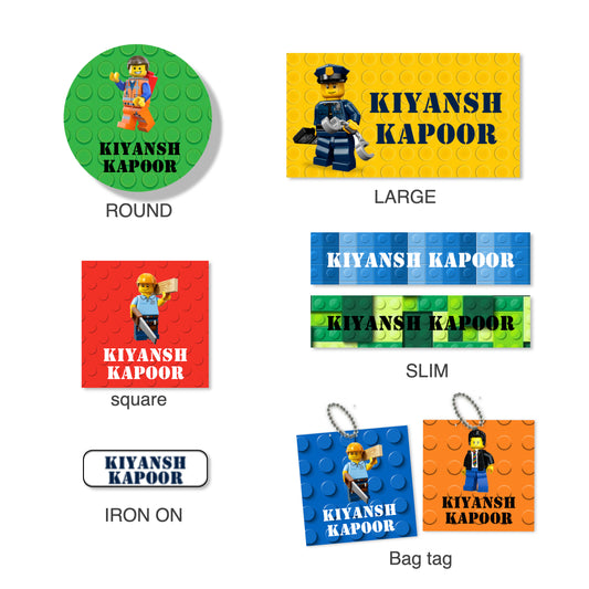 Various labels with lego characters in different colors and shapes, including round, square, and slim labels, intended for personalizing clothes and school materials.