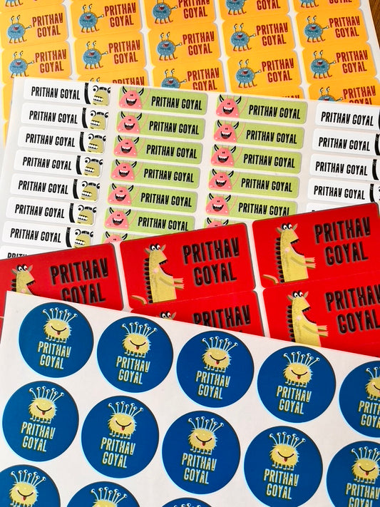 Collection of school name stickers with cute monsters theme