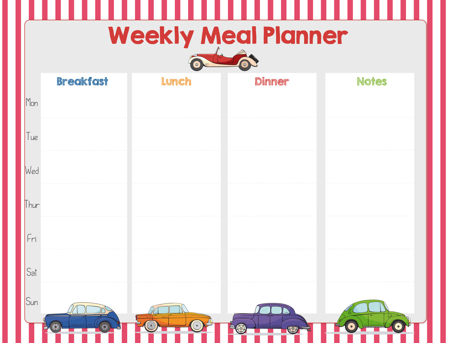 Weekly meal planner with cartoon cars on a red and white striped background