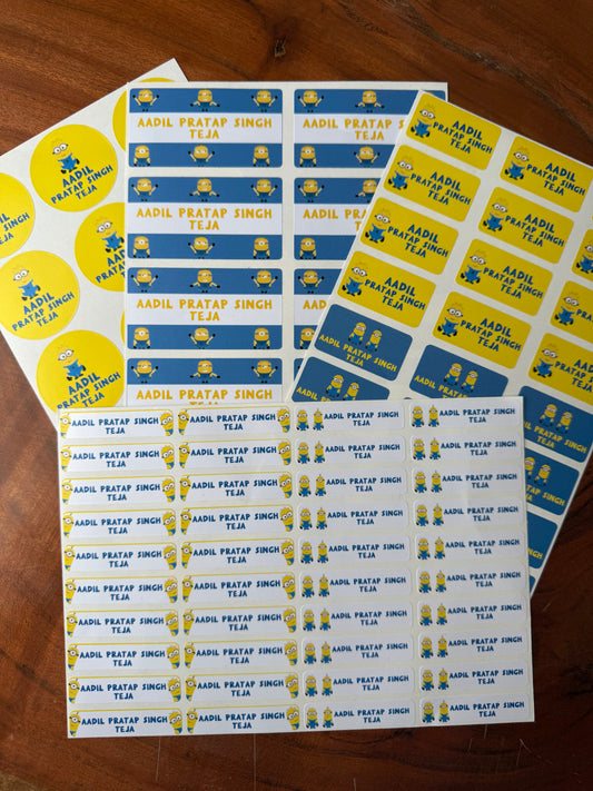 Minion themed waterproof school name labels in yellow and blue theme colours with cute minion cartoons