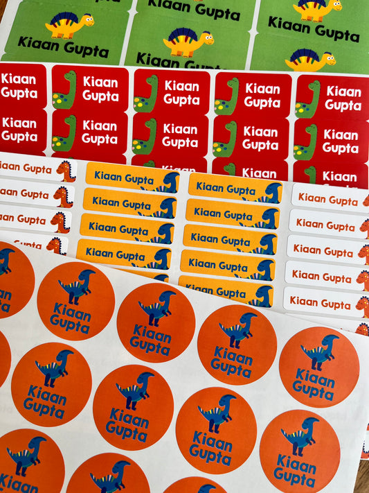 waterproof personalised name stickers for school kids with colour ful dinosaurs cartoons