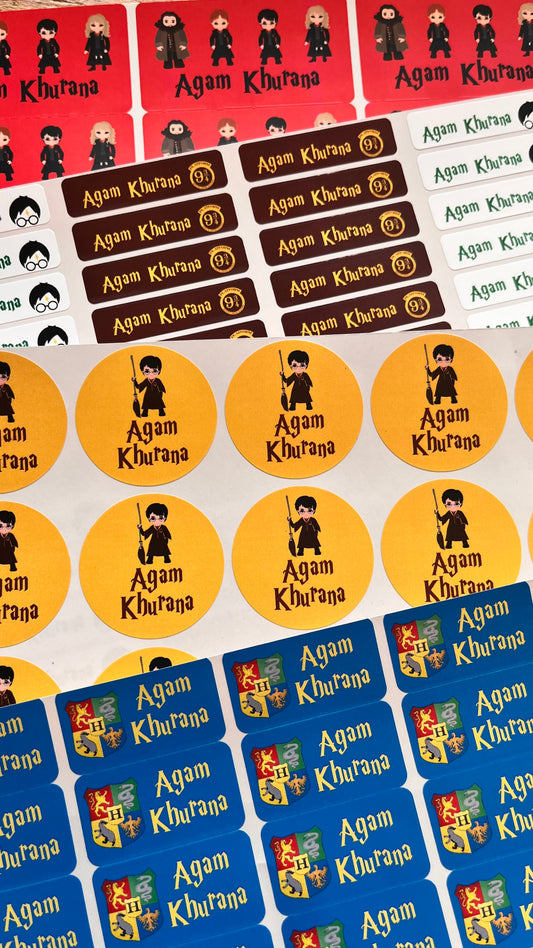 harry potter theme school name labels waterpoof and personalised to a child's name