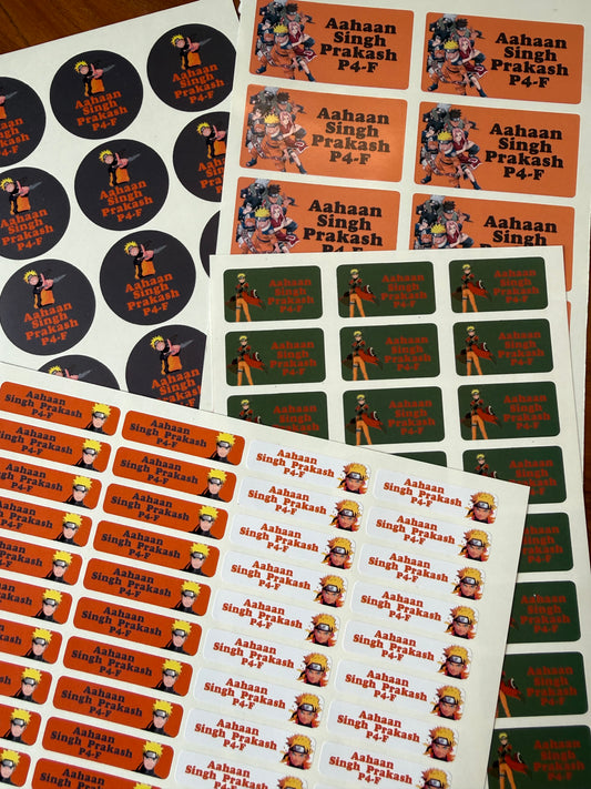 naruto themed waterproof name labels for school kids ain theme colours of orange olive green white grey