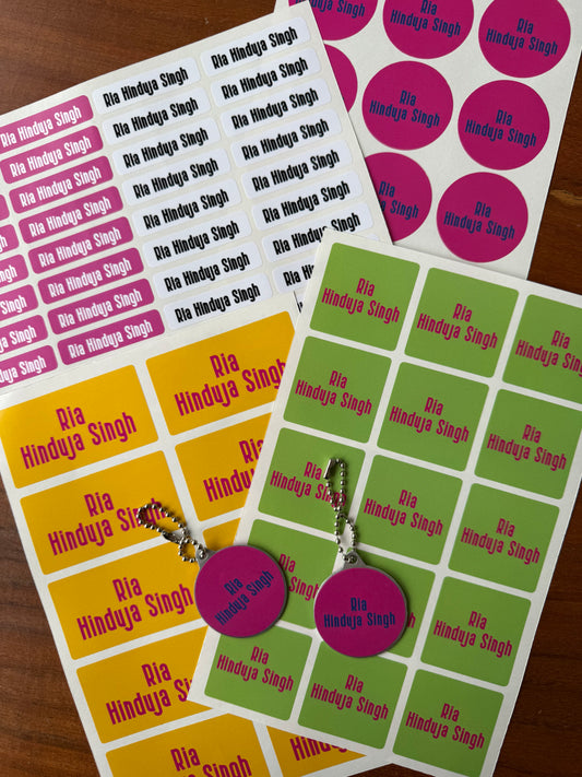 waterproof name stickers in bright bold pink, mango yello, green colours for school kids