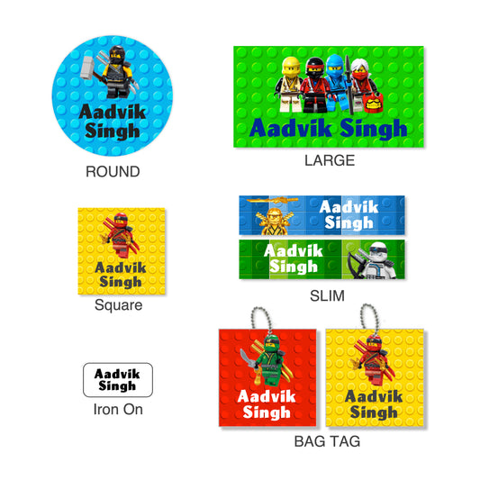 Assorted colorful labels featuring characters from the Ninjago series, with various shapes including round, square, and slim labels, designed for school use.