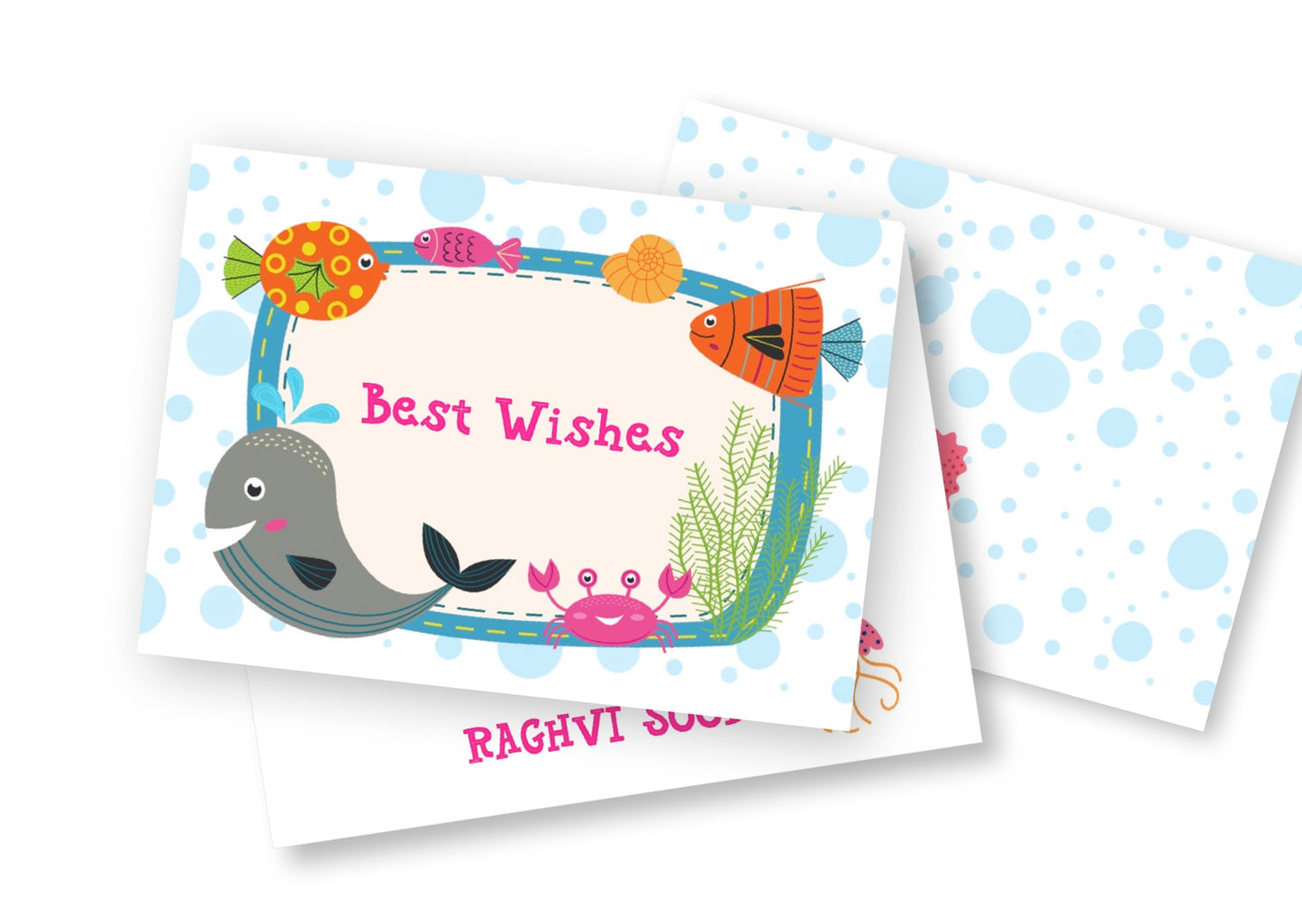 Children's card with ocean-themed design featuring a whale, fish, and sea creatures on a white background.