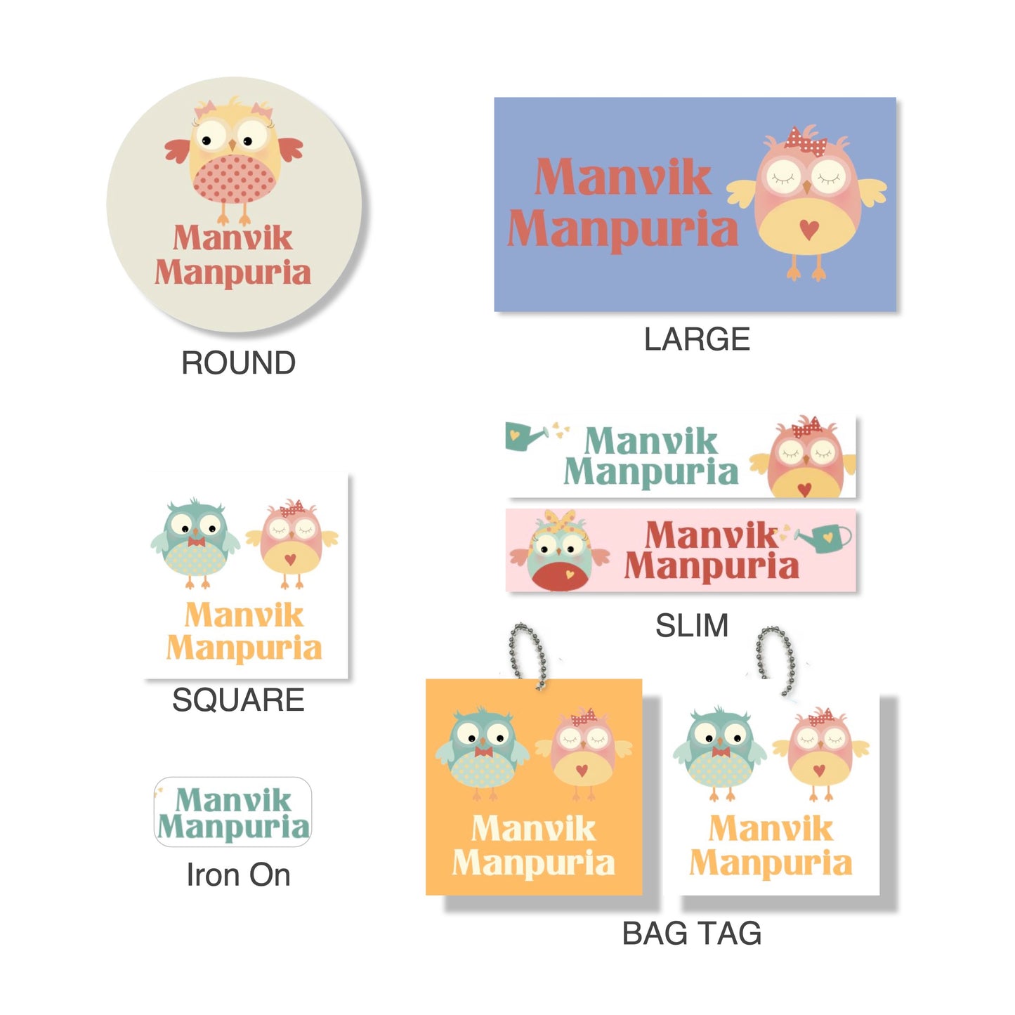 labels in different shapes and sizes in pastel shades with a cute owls theme, featuring different characters