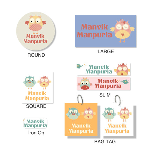 labels in different shapes and sizes in pastel shades with a cute owls theme, featuring different characters