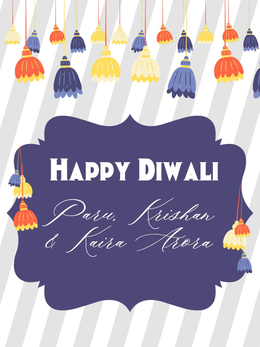 Happy Diwali greeting card with colorful Tassle Toran and personalized names on a striped background