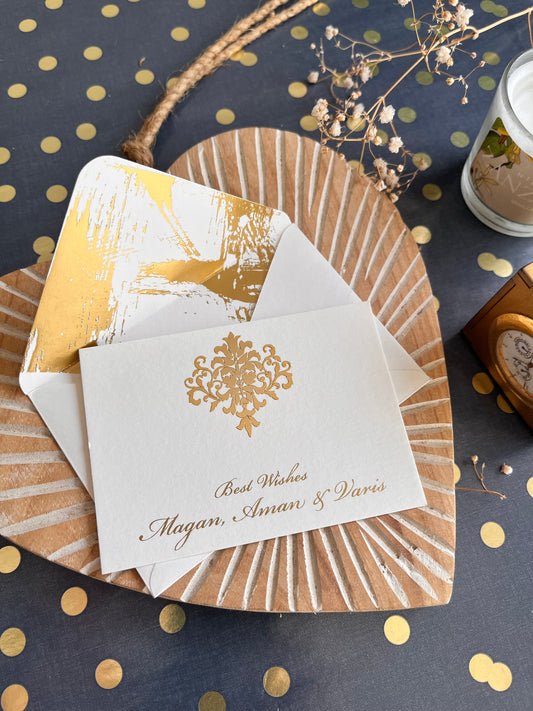 Royal Motif flat card personalised with evelopes witjh gold foil