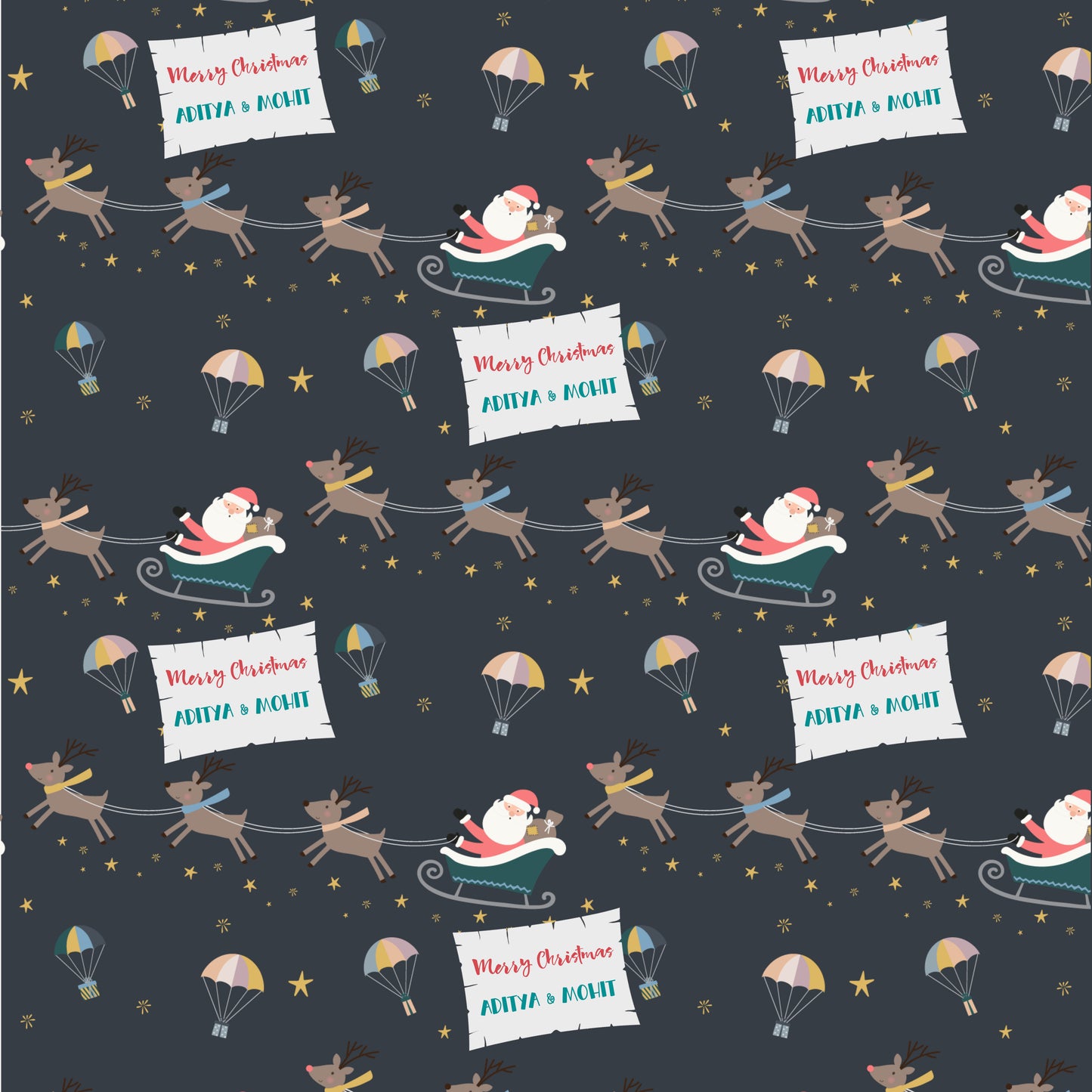 Xmas personalised wrapping paper with santaclaus on a sleigh being pulled with reindeers on a balck cackfround