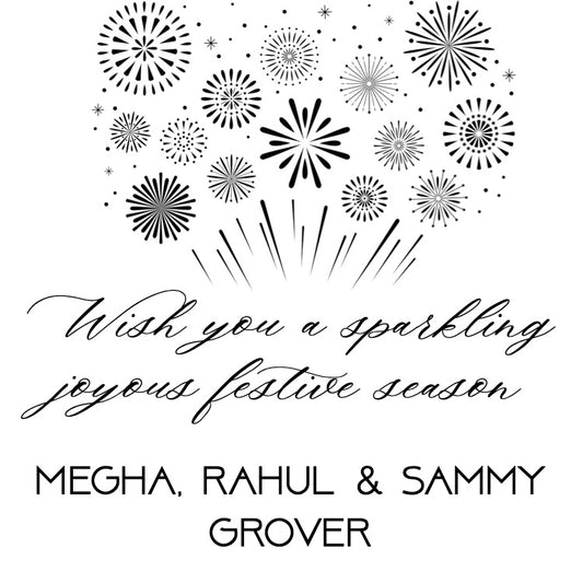 festive greeting with fireworks and personalized names on a white background