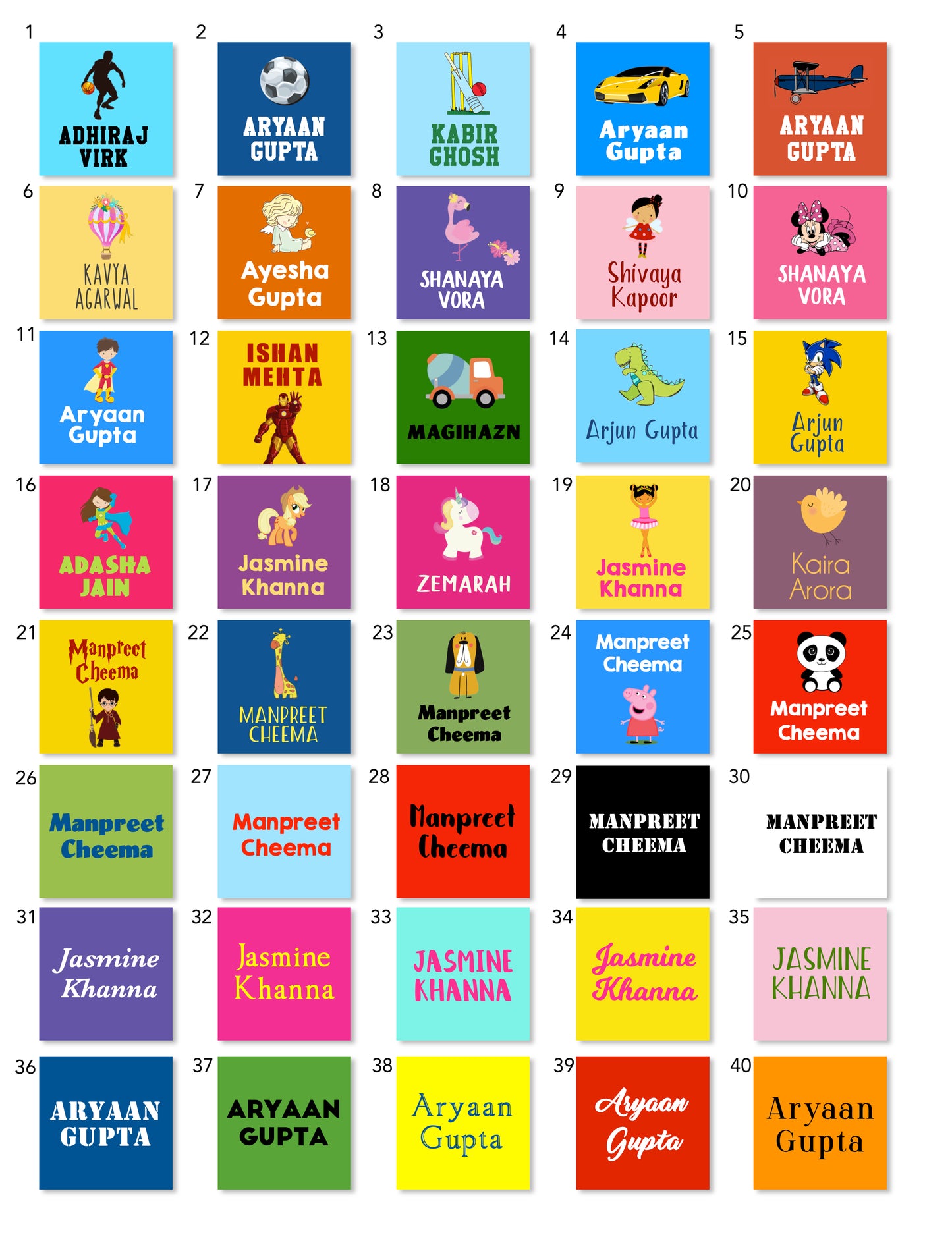 Grid of colorful name square name labels with various names printed on them