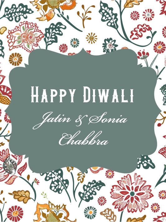 Greeting card with 'Happy Diwali' text and floral design on a white background