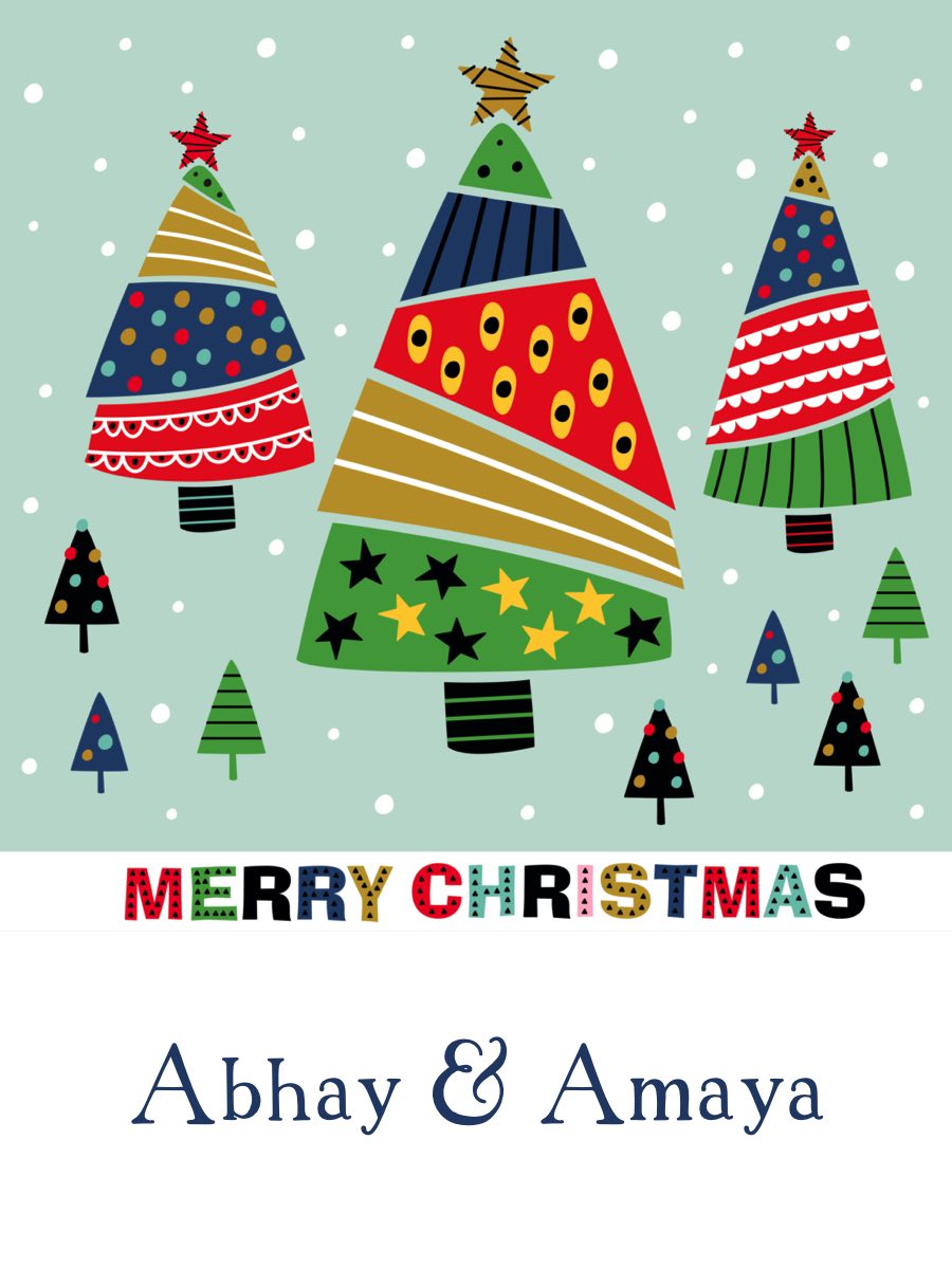 Two wrapped gifts with personalized Christmas-themed tags that read 'Merry Christmas' and 'Abhi & Aya'.
