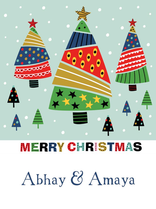 Two wrapped gifts with personalized Christmas-themed tags that read 'Merry Christmas' and 'Abhi & Aya'.