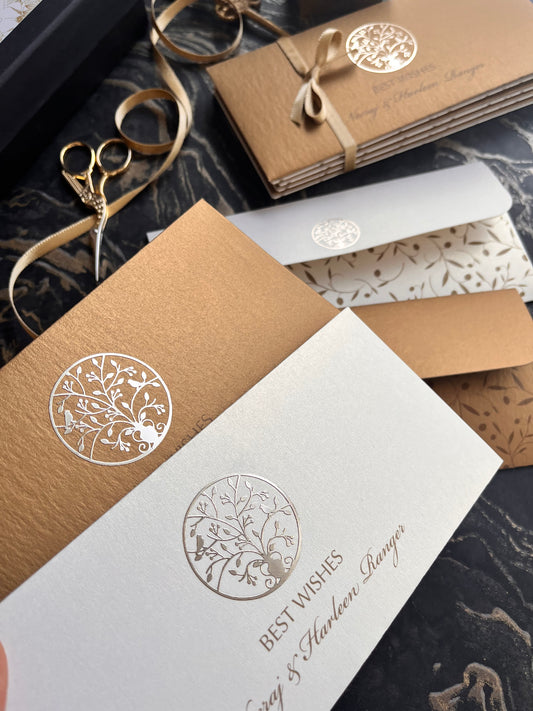 Gift Envelopes with tree of life round metal motif on a textured surface
