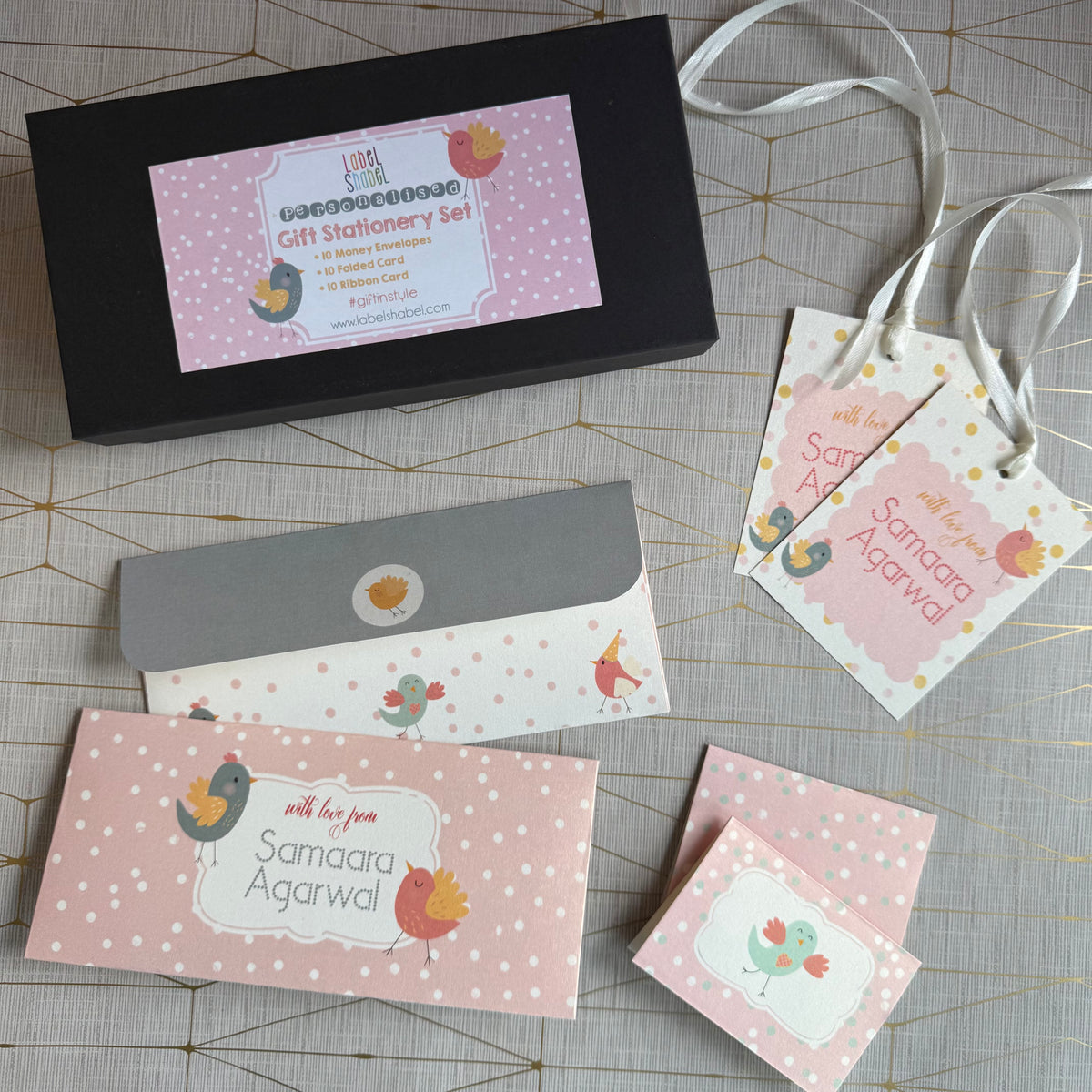 Assorted stationery for kids personalised and with a cute bird design