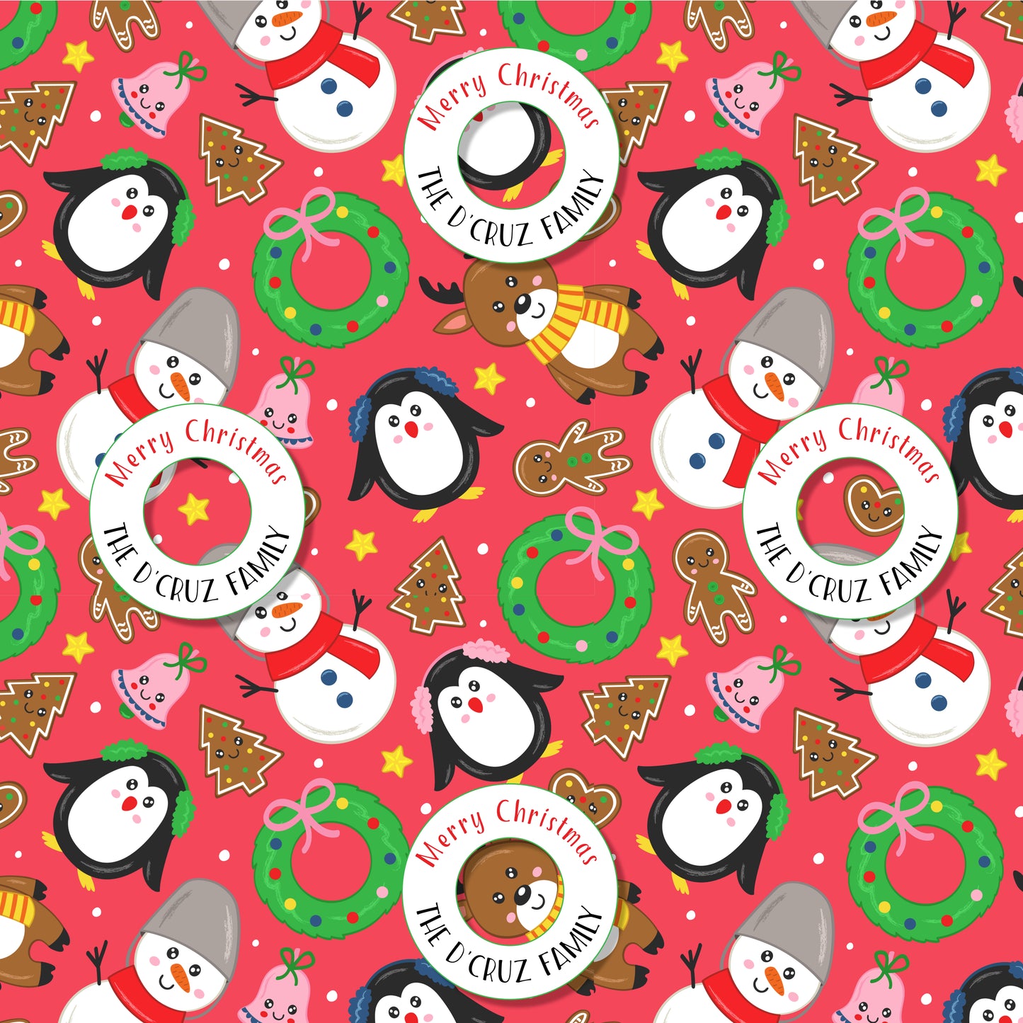 bright red xmas theme wrapping paper featuring a penguin, ginger bread cookie, wreaths and bells on a red background