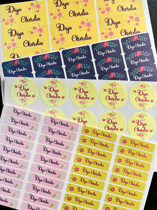 colourful waterproof name stickers for school kids personalised with floral designs and a name