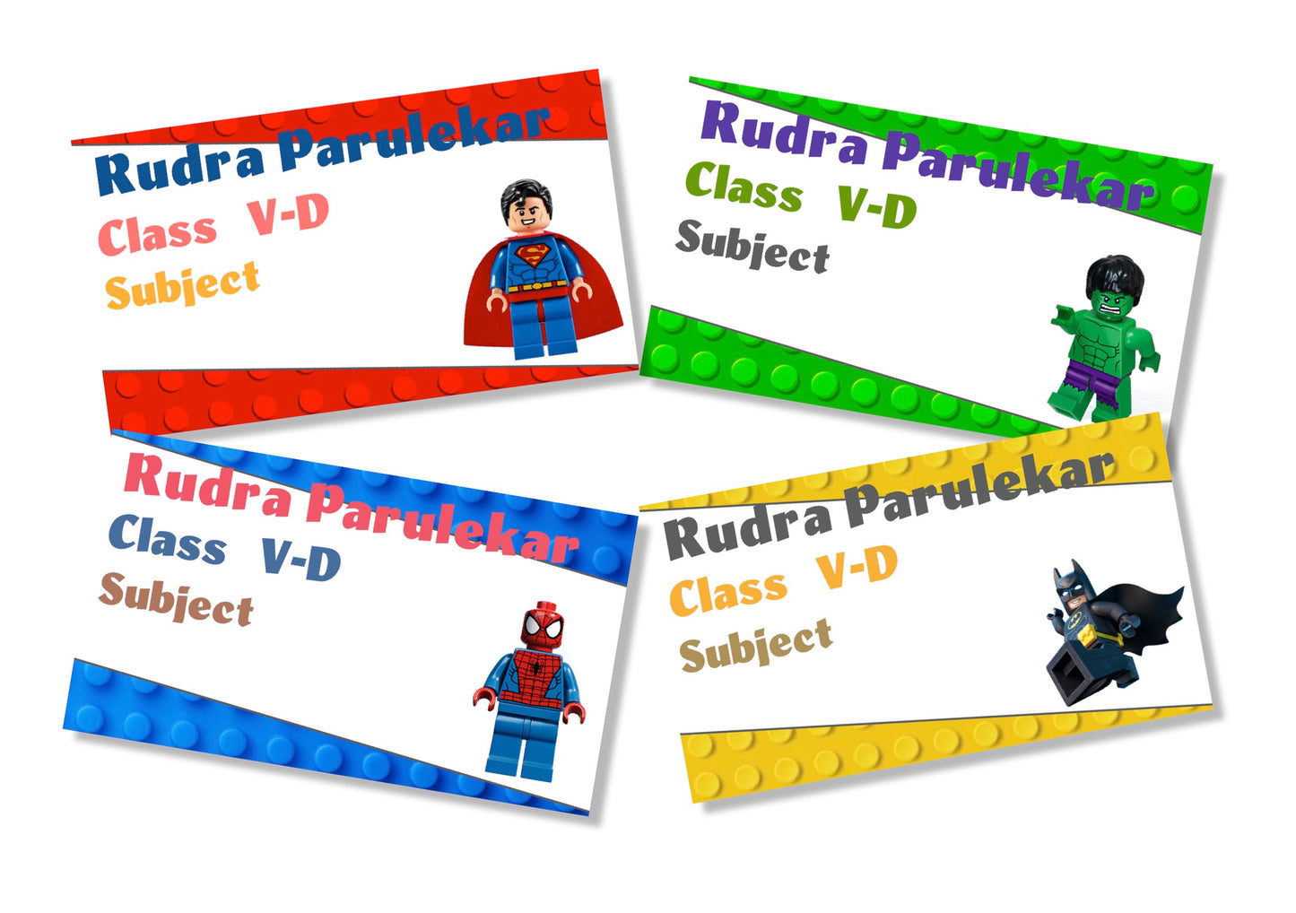 A set of adhesive book labels featuring various Lego Super Hero characters. Each label includes a name and class section, presented in a colorful design.