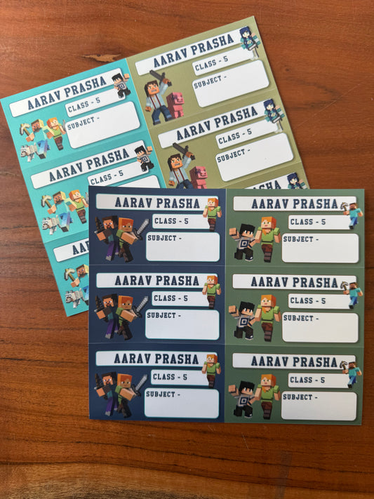 minecraft theme book labels each with a different background color (teal, olive green, navy blue, and dark green) and cartoon Minecraft-style characters.