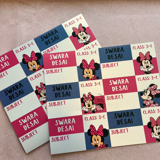 minnie mouse theme book labels in 4 different matching designs in pink and purple theme