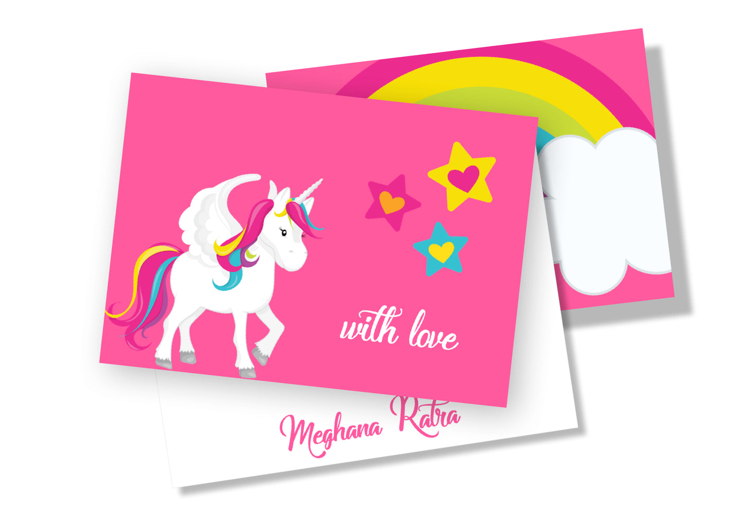 Pink card with a unicorn design and colorful stars on a white background