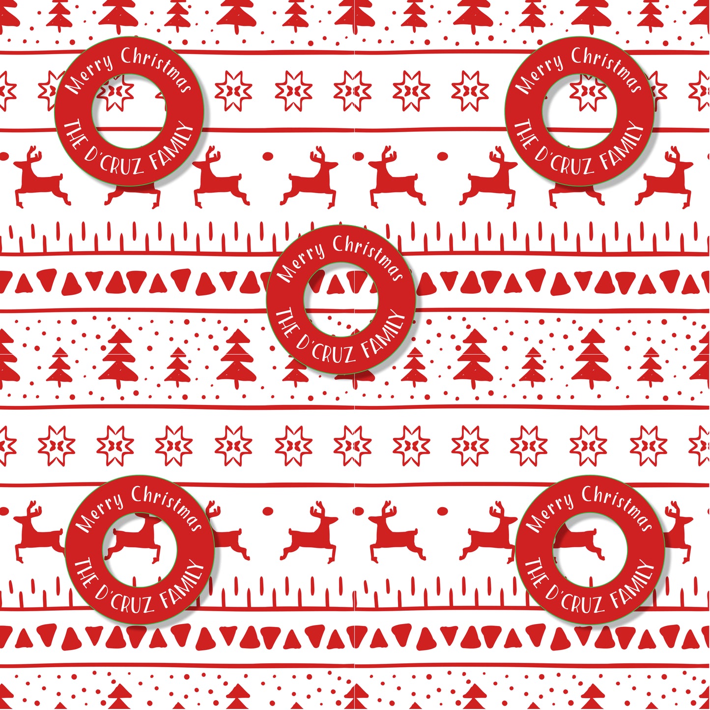 A piece of red and white Christmas wrapping paper with reindeer and the text 'Merry Christmas' and 'The U. Cruz Family'.