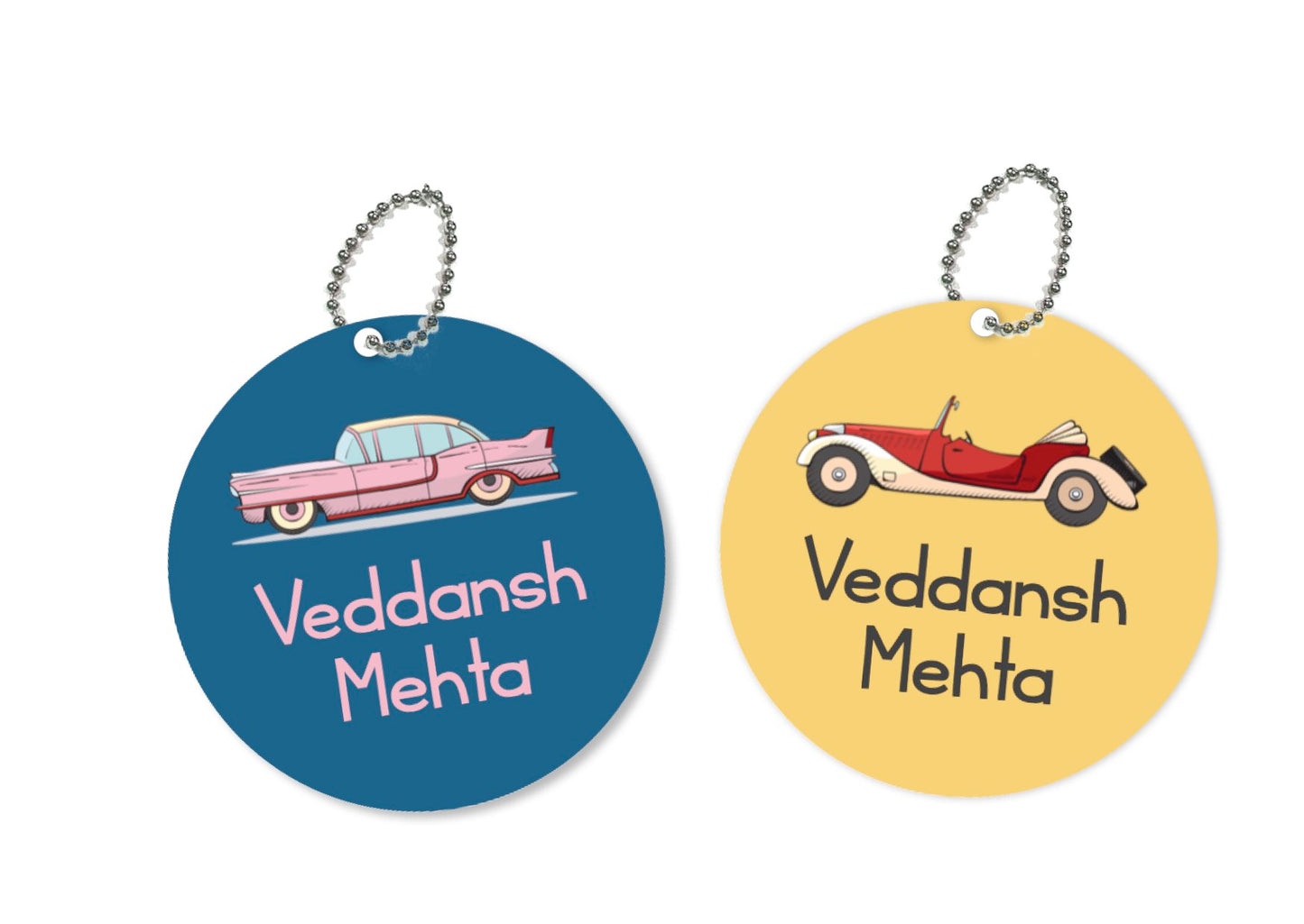 Two round metal bag tags with a vintage car and a vintage motorcycle design, one tag with the text 'VEDANSH METHA' and the other with 'METHA VEDANSH'. Both have a yellow background with a blue and red design.