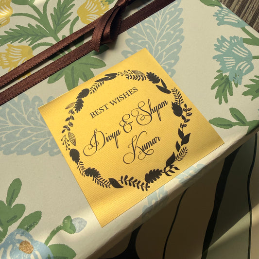 gold label on metallic paper with black lettering