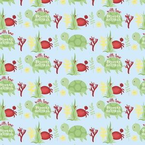 personalised wrapping paper for kids with cute green turtle design label shabel