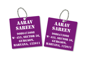 metallic bag tags  in purple with personalised information