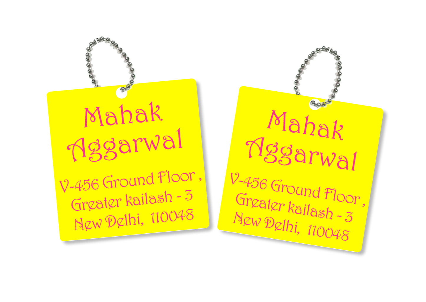 metallic bag tags in yellow with personalised information