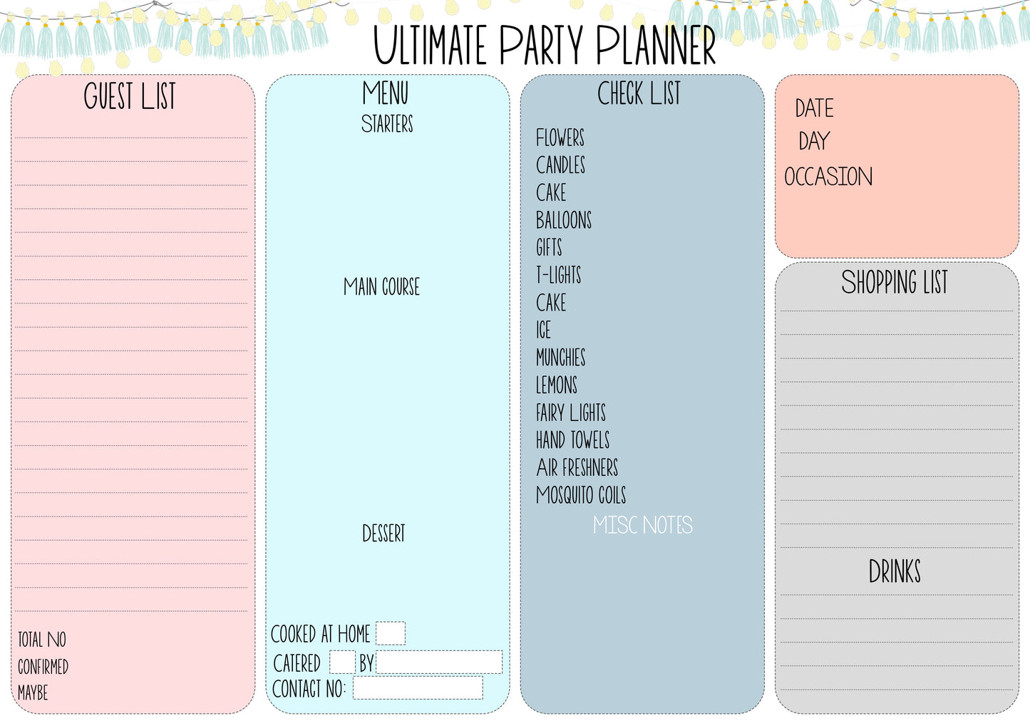party planner and organiser note pad