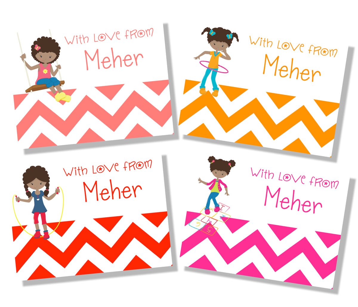 Personalised Gif labels with girls playing hopscotch, swings, skipping and hula hoop