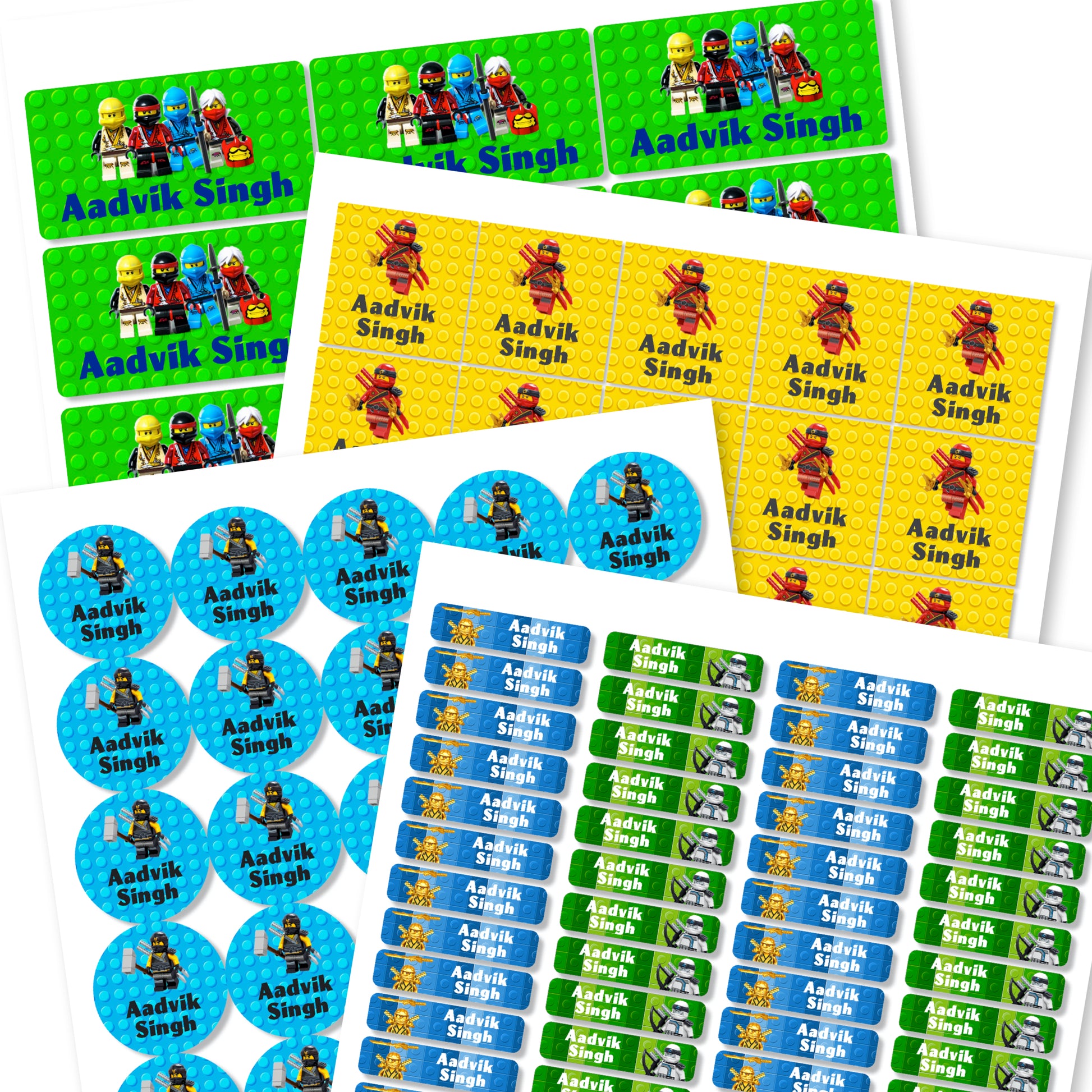 Assorted colorful labels featuring characters from the Ninjago series, with various shapes including round, square, and slim labels, designed for school use.