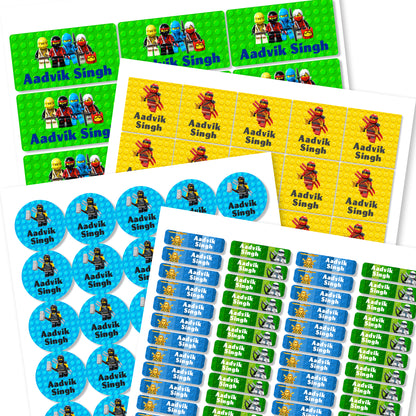 Assorted colorful labels featuring characters from the Ninjago series, with various shapes including round, square, and slim labels, designed for school use.