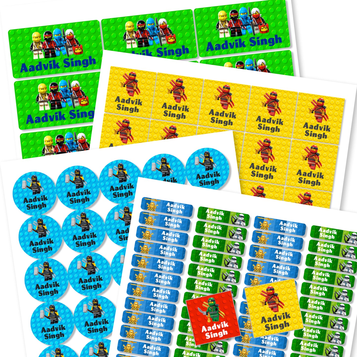Assorted colorful labels featuring characters from the Ninjago series, with various shapes including round, square, and slim labels, designed for school use.