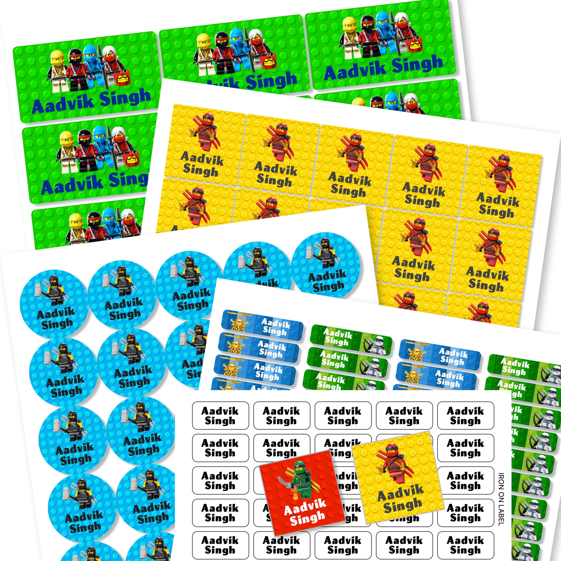 Assorted colorful labels featuring characters from the Ninjago series, with various shapes including round, square, and slim labels, designed for school use.
