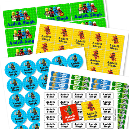 Assorted colorful labels featuring characters from the Ninjago series, with various shapes including round, square, and slim labels, designed for school use.