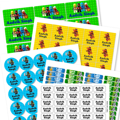 Assorted colorful labels featuring characters from the Ninjago series, with various shapes including round, square, and slim labels, designed for school use.