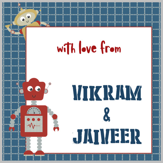 Personalised gift label for kids with 2 robots design