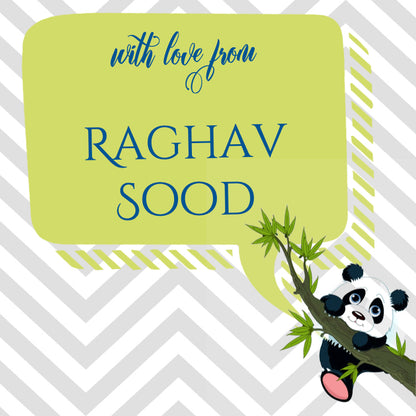 Gift label for kids with a panda on a tree twig design on a grey chevron background